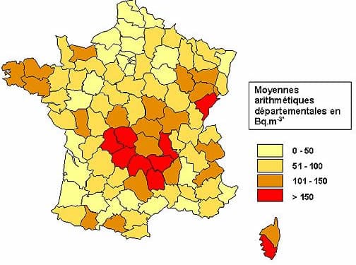 Concentration de radon selon le département